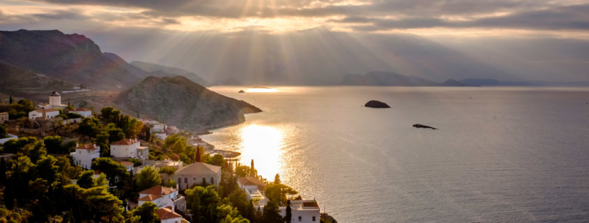 Sunset over Hydra island, Greece