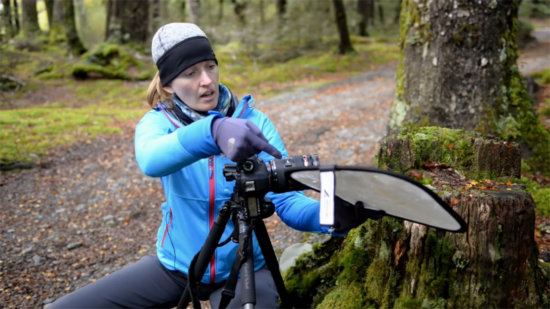 Varina Patel using a reflector for Macro Photography in New Zealand