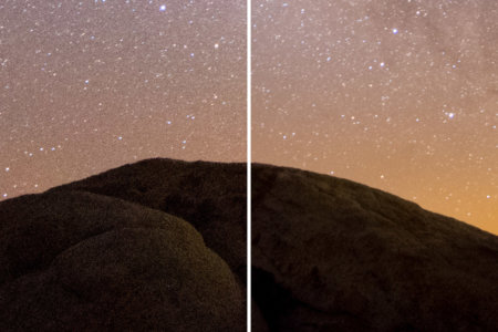On the right: 15 frames stacked in Starry landscape Stacker. | On the left: One single exposure at ISO10000, ƒ/2.8, 15 seconds Noise comparison for Night photography by Joshua Snow